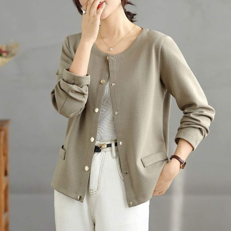 Round Neck Plain Button Up Cardigan