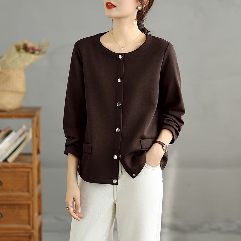 Round Neck Plain Button Up Cardigan