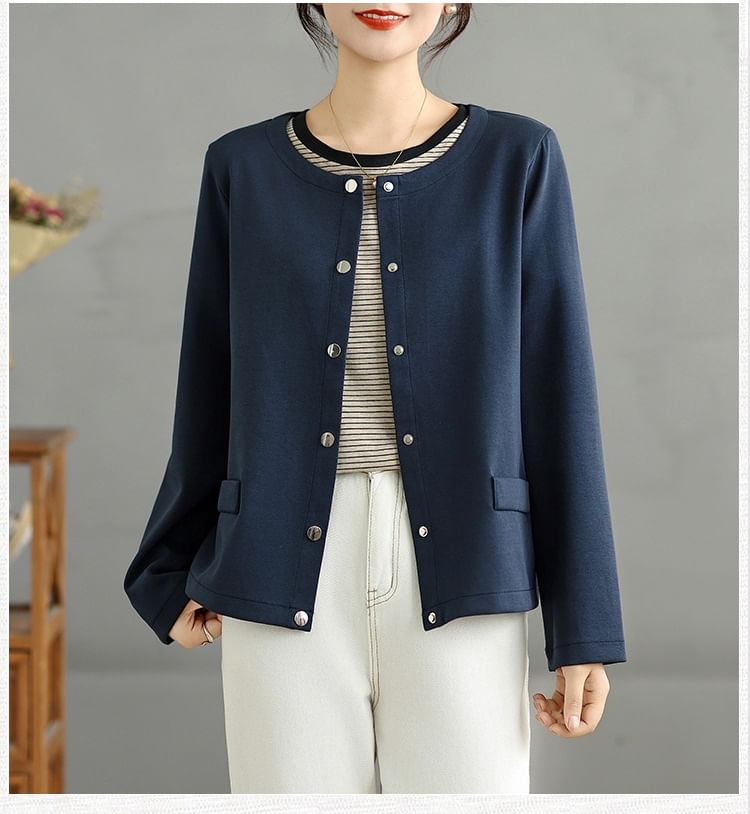 Round Neck Plain Button Up Cardigan
