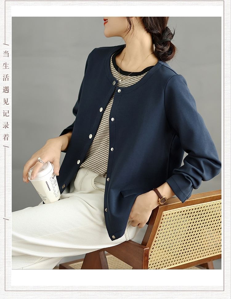 Round Neck Plain Button Up Cardigan