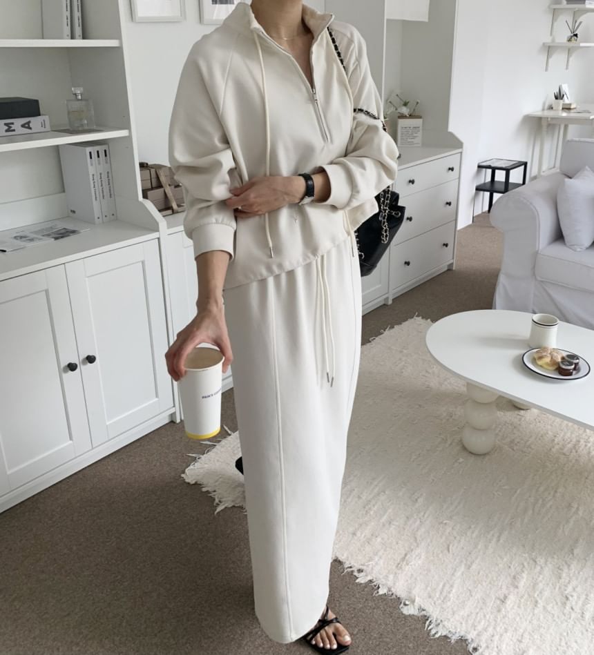 Collar Drawstring Half-Zip Pullover / Drawstring Waist Maxi Straight Skirt