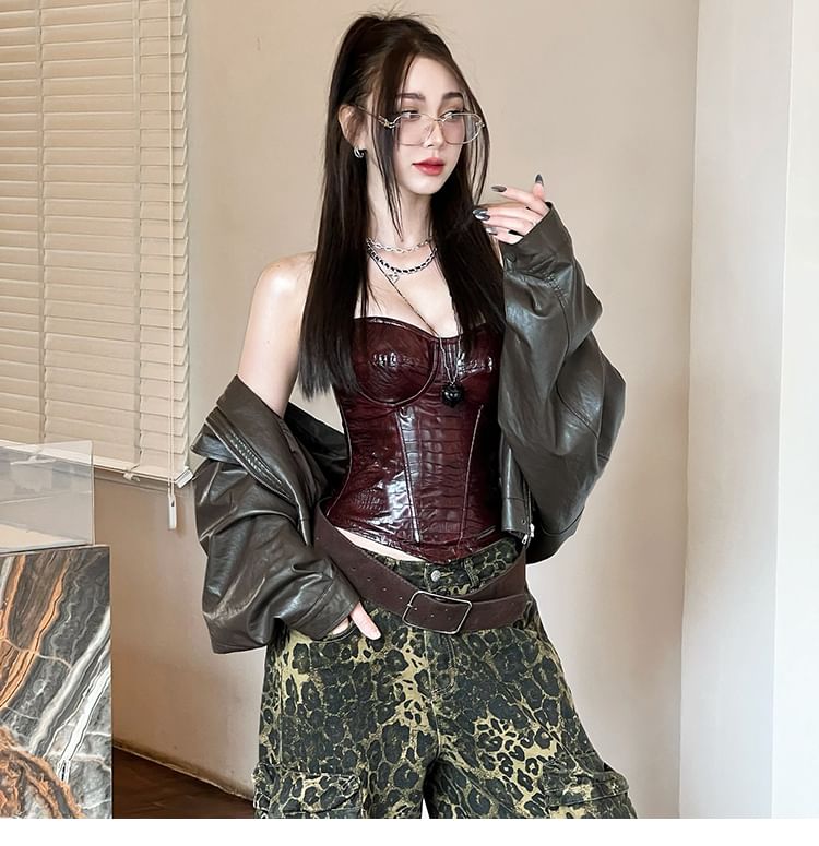 Chic Faux Leather Bustier with Crocodile Texture