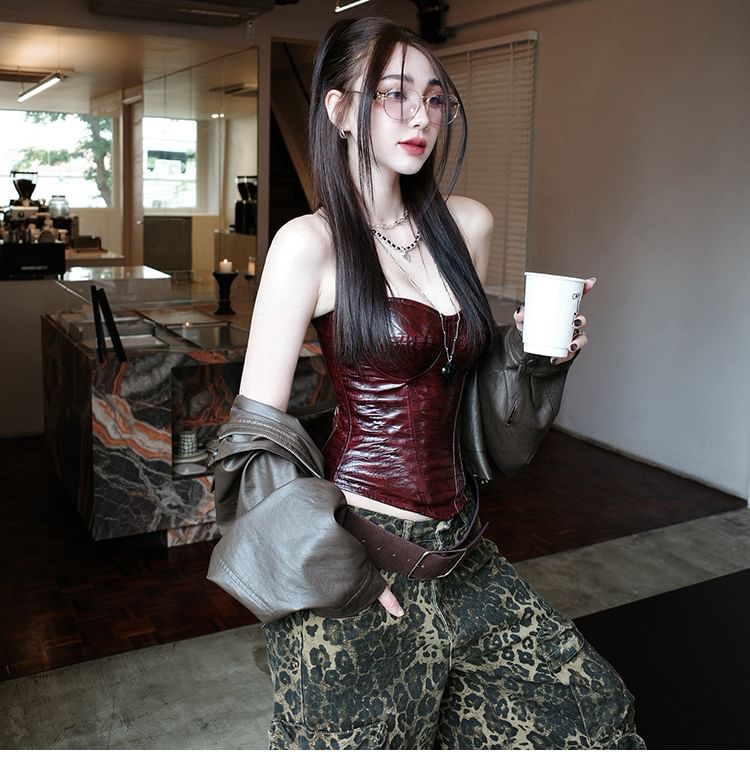 Chic Faux Leather Bustier with Crocodile Texture