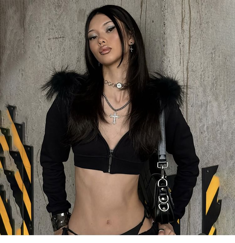 Cropped Zip-Up Hoodie with Fluffy Trim & Solid Color, Cozy Fleece-Lined Design