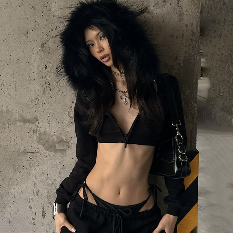 Cropped Zip-Up Hoodie with Fluffy Trim & Solid Color, Cozy Fleece-Lined Design