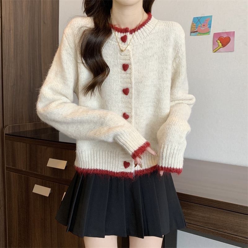 Round Neck Contrast Trim Button Up Cardigan