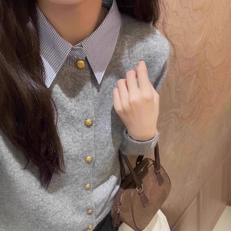 Collared Mock Two Piece Button Cardigan