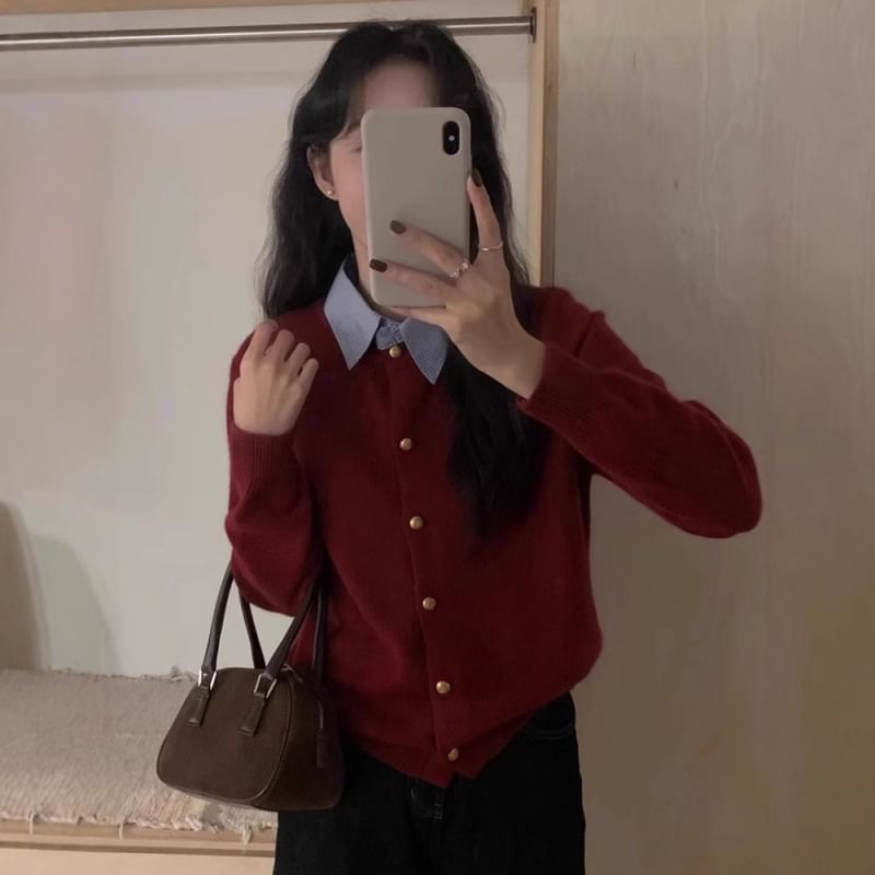 Collared Mock Two Piece Button Cardigan