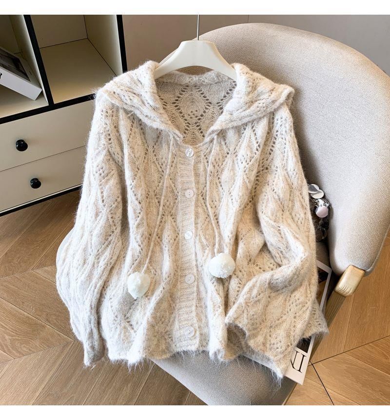 Hooded Plain Pointelle Button Up Cardigan