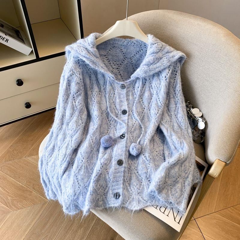 Hooded Plain Pointelle Button Up Cardigan