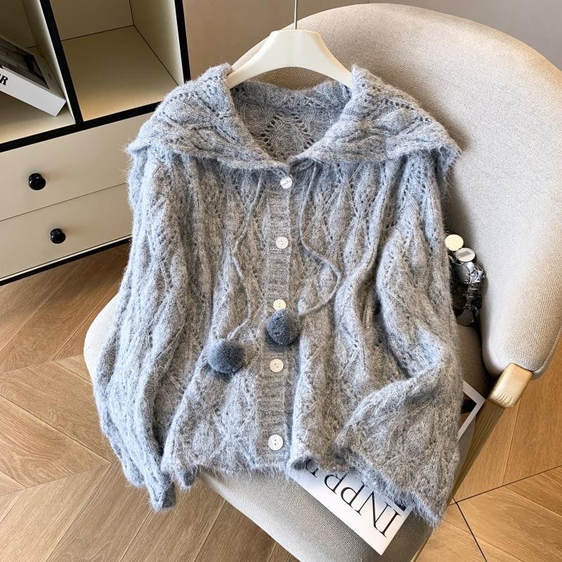 Hooded Plain Pointelle Button Up Cardigan