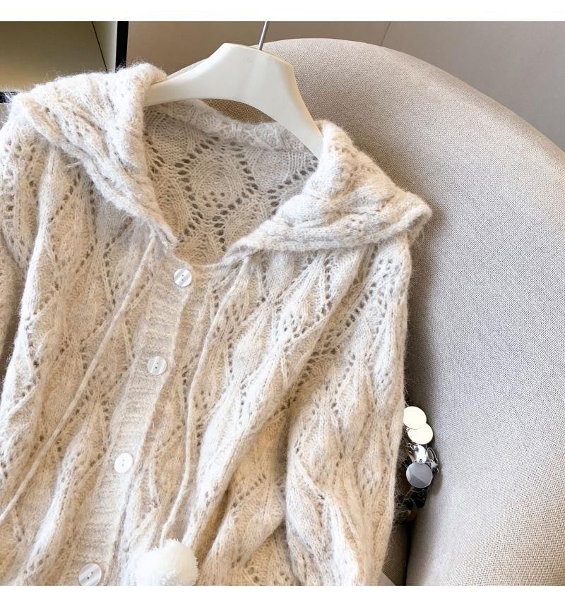 Hooded Plain Pointelle Button Up Cardigan