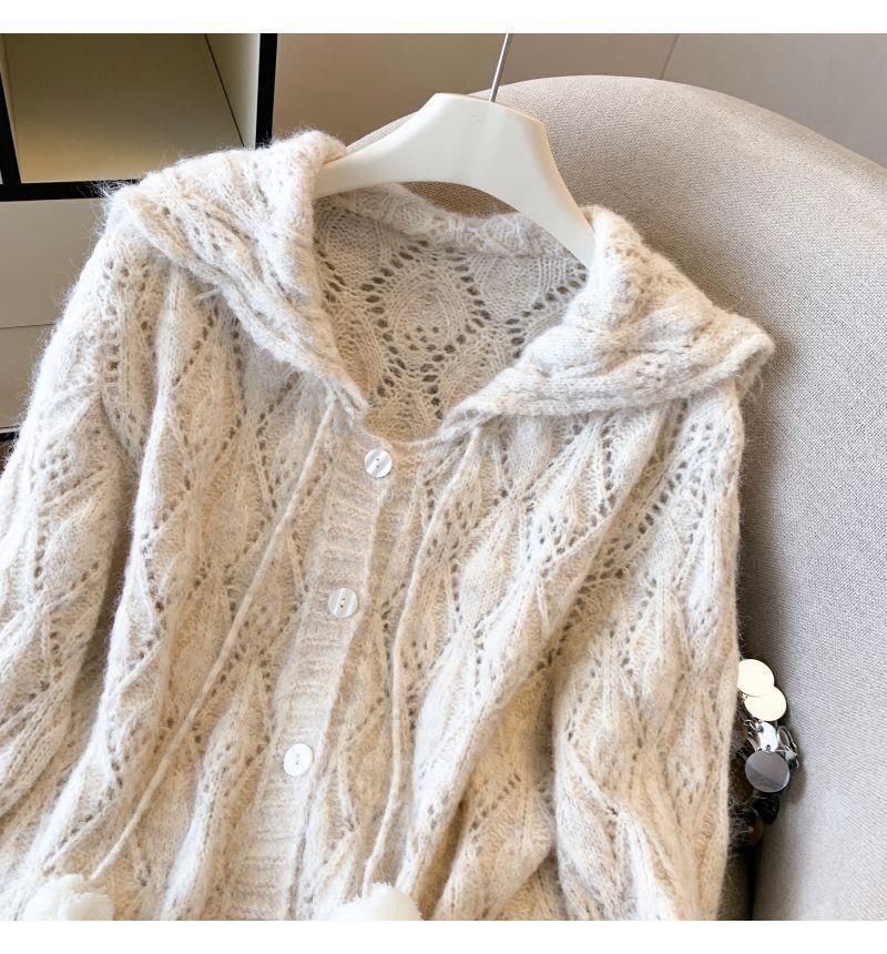 Hooded Plain Pointelle Button Up Cardigan