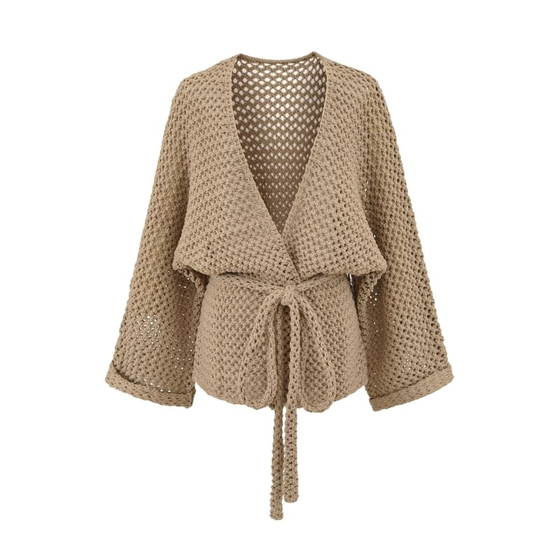 V-Neck Plain Tie Waist Pointelle Knit Cardigan