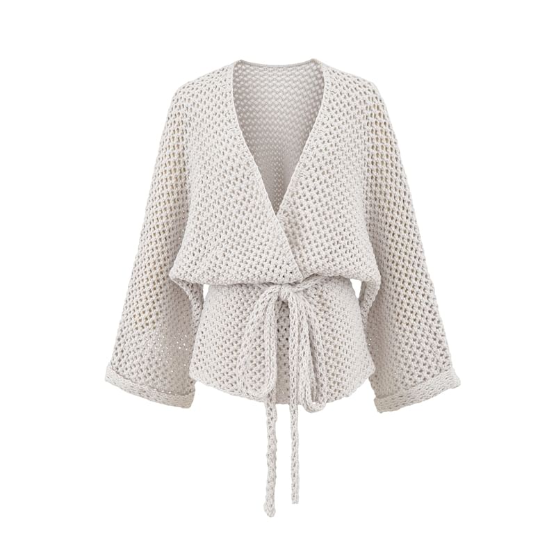 V-Neck Plain Tie Waist Pointelle Knit Cardigan