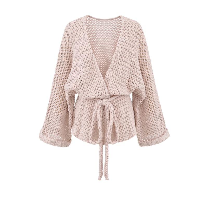 V-Neck Plain Tie Waist Pointelle Knit Cardigan