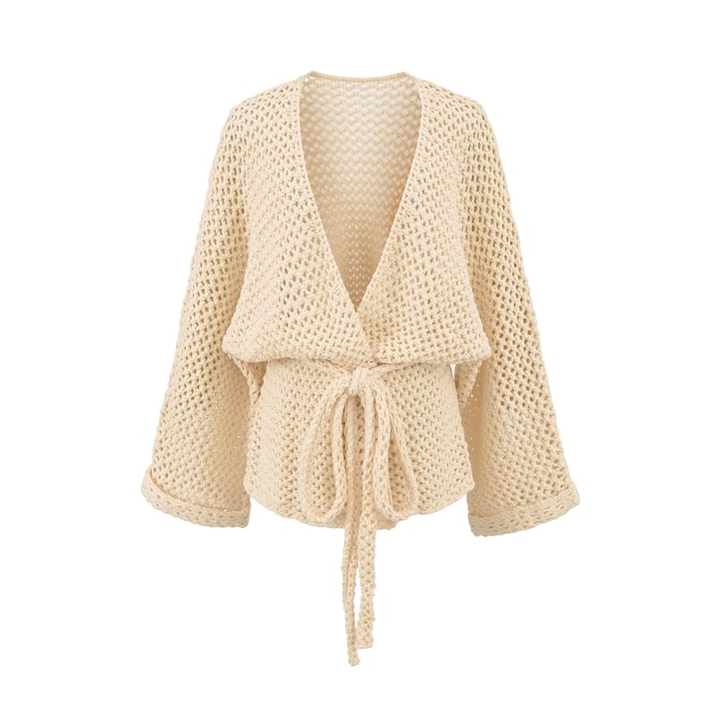 V-Neck Plain Tie Waist Pointelle Knit Cardigan