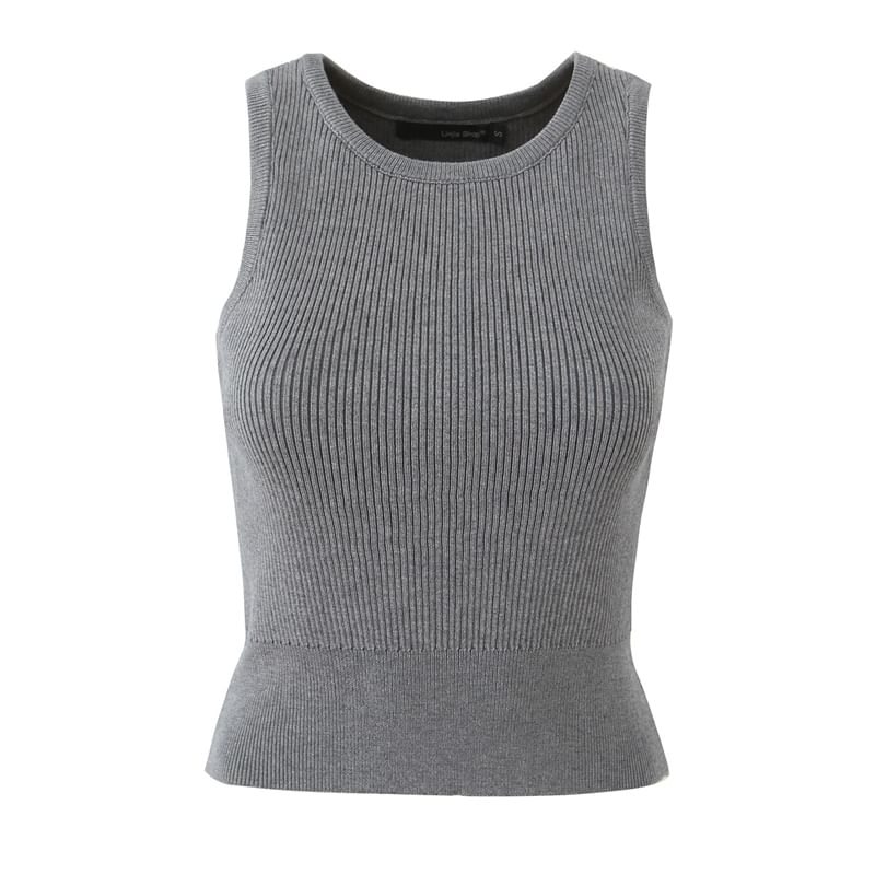 Crew Neck Plain Ribbed Tank Top / Cardigan / Drawstring Waist Mini A-Line Skirt