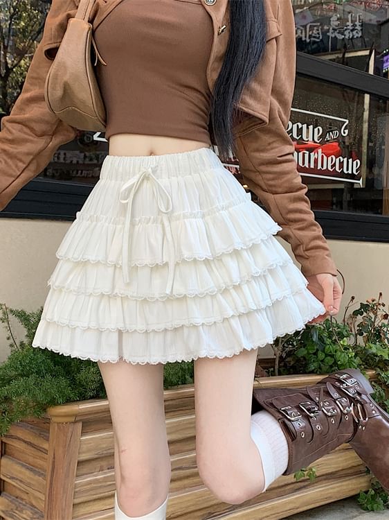 High Rise Plain Lace Trim Mini Pleated Skirt