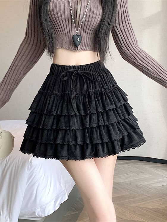 High Rise Plain Lace Trim Mini Pleated Skirt