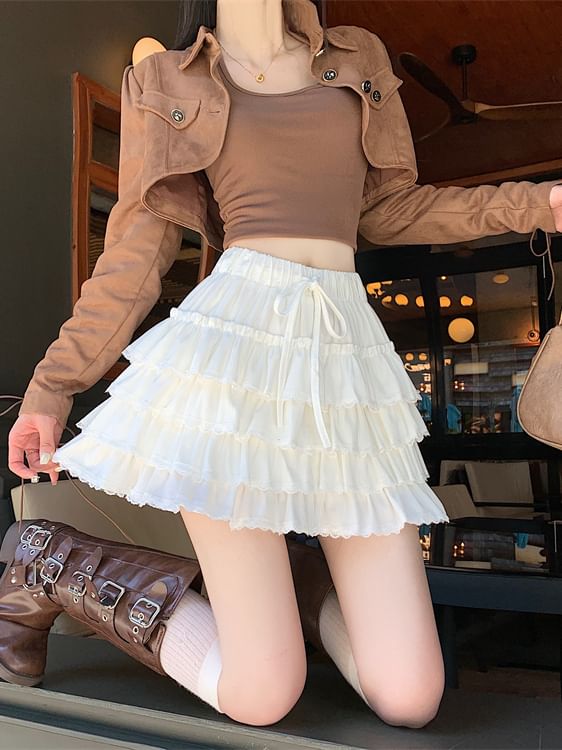 High Rise Plain Lace Trim Mini Pleated Skirt