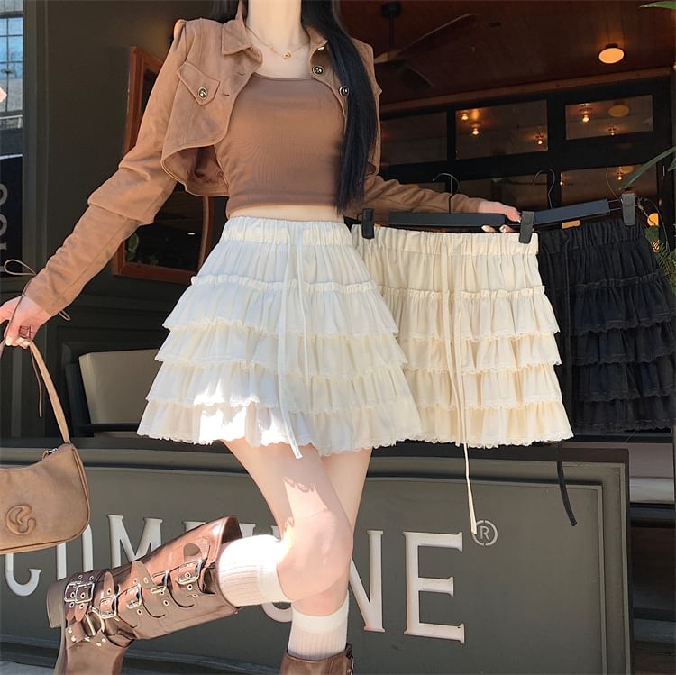 High Rise Plain Lace Trim Mini Pleated Skirt
