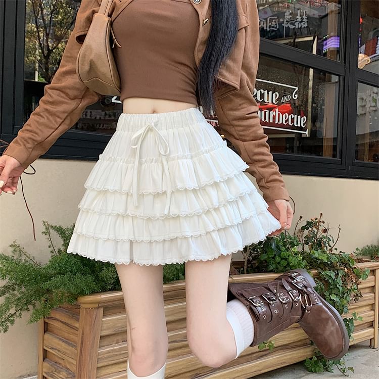 High Rise Plain Lace Trim Mini Pleated Skirt