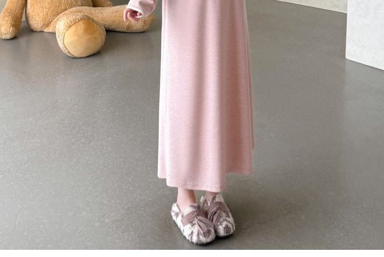Maternity Set: Round Neck Contrast Trim Cardigan + High Waist Midi A-Line Skirt