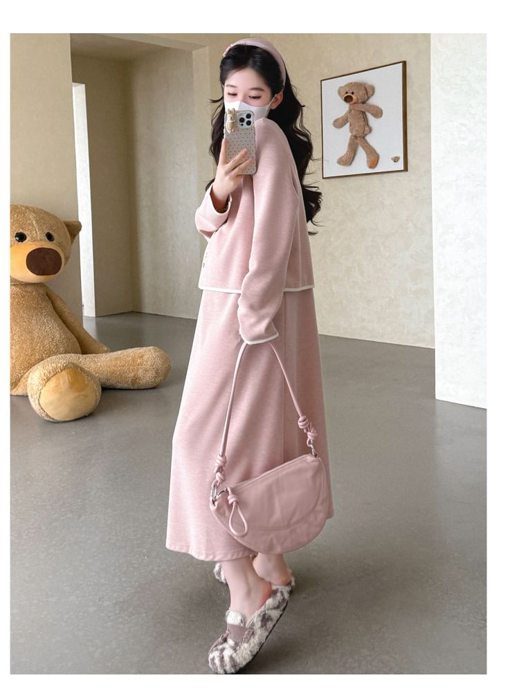 Maternity Set: Round Neck Contrast Trim Cardigan + High Waist Midi A-Line Skirt
