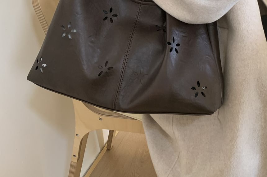 Faux Leather Perforated Plain Shoulder Bag