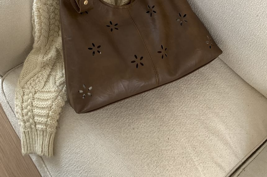 Faux Leather Perforated Plain Shoulder Bag