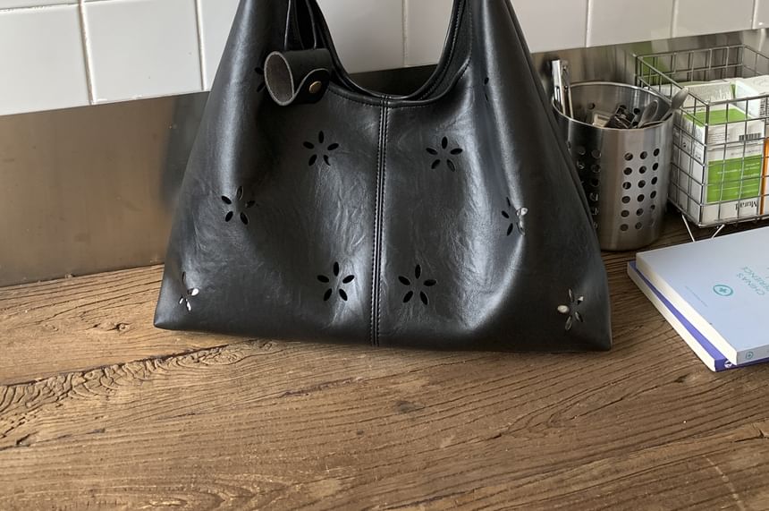 Faux Leather Perforated Plain Shoulder Bag