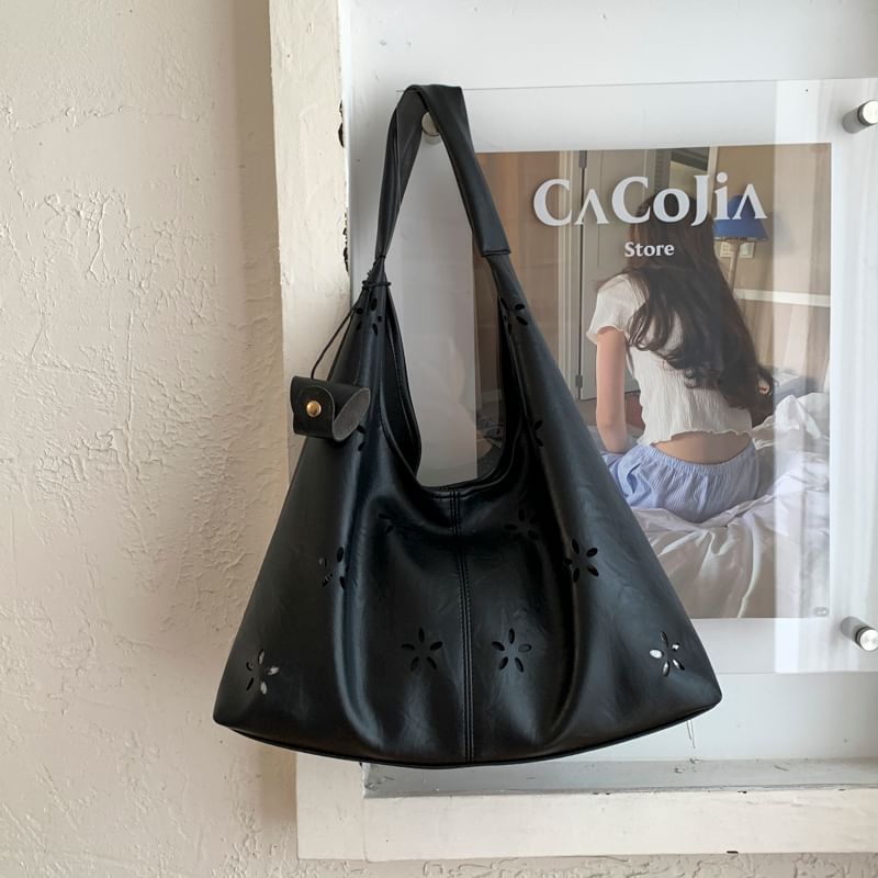 Faux Leather Perforated Plain Shoulder Bag