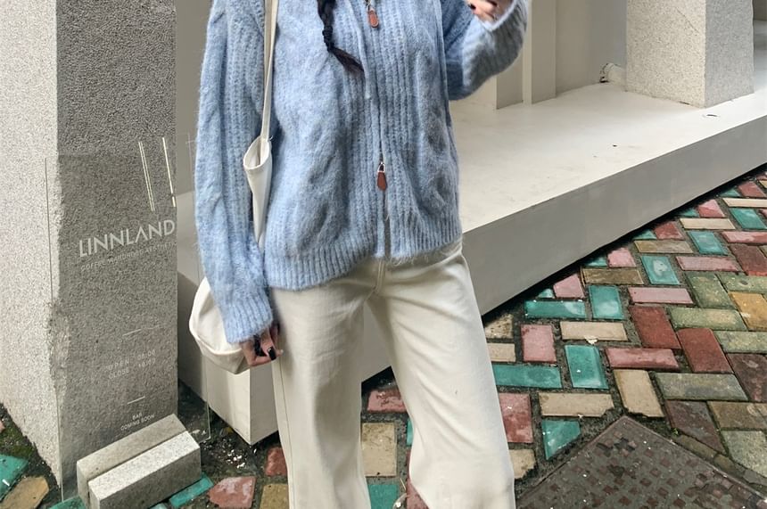 Hooded Zip-Up Plain Cardigan