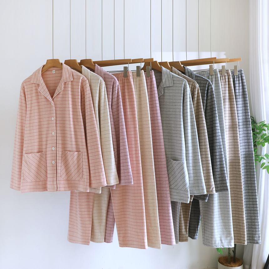 Couple Matching Pajama Set: Long-Sleeve Lapel Collar Plaid Button-Up Top + Pants (Various Designs)