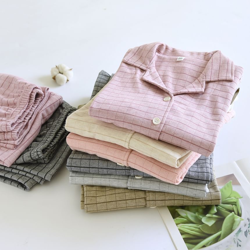 Couple Matching Pajama Set: Long-Sleeve Lapel Collar Plaid Button-Up Top + Pants (Various Designs)