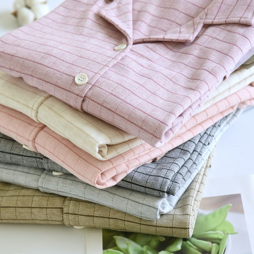 Couple Matching Pajama Set: Long-Sleeve Lapel Collar Plaid Button-Up Top + Pants (Various Designs)