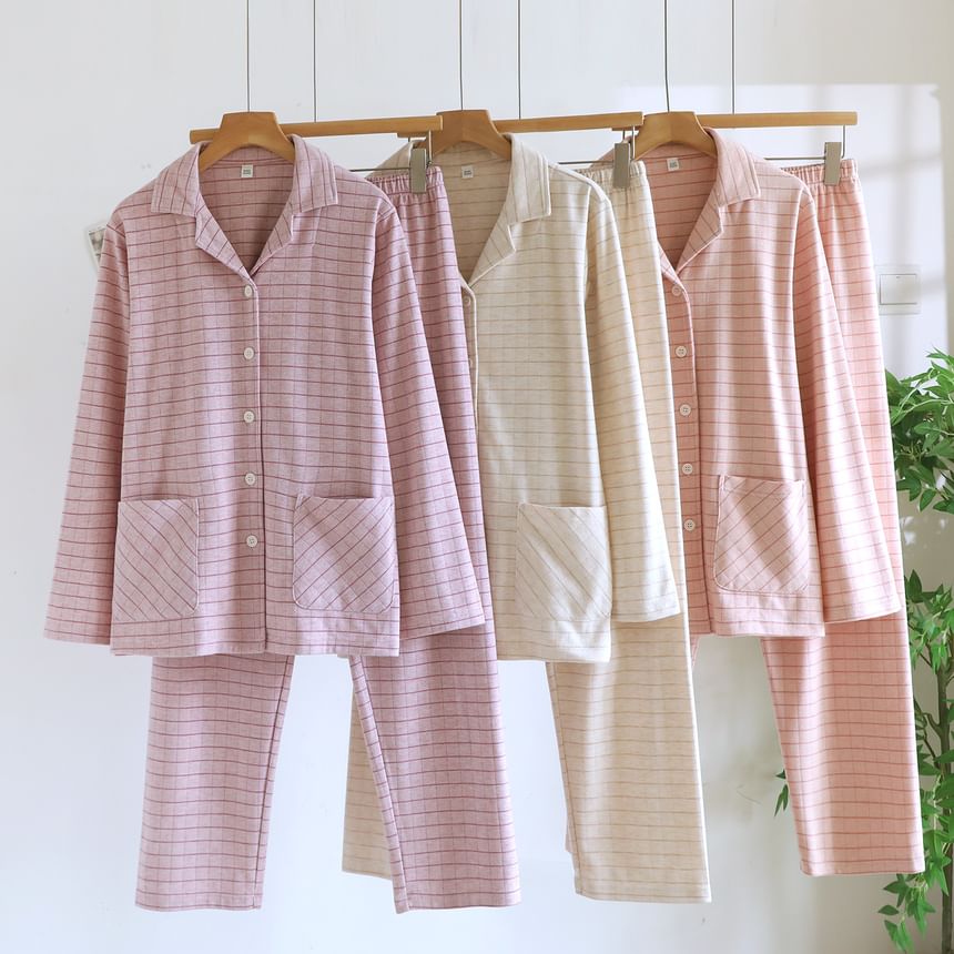 Couple Matching Pajama Set: Long-Sleeve Lapel Collar Plaid Button-Up Top + Pants (Various Designs)