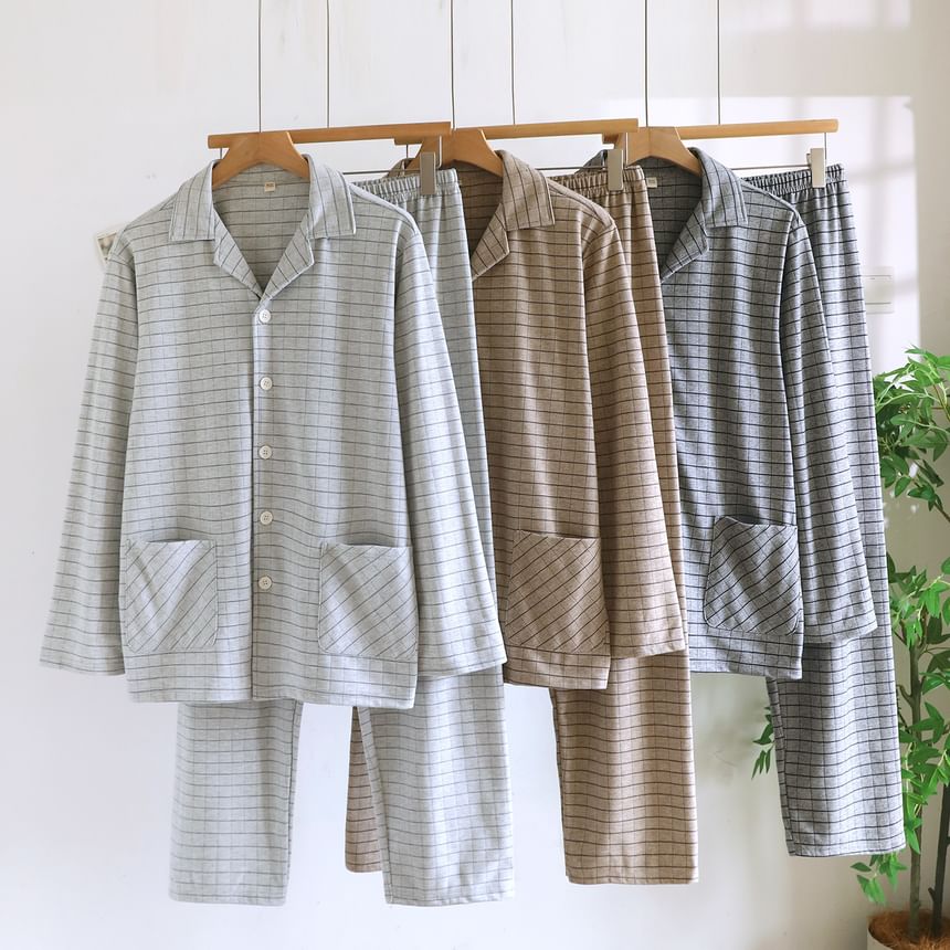 Couple Matching Pajama Set: Long-Sleeve Lapel Collar Plaid Button-Up Top + Pants (Various Designs)