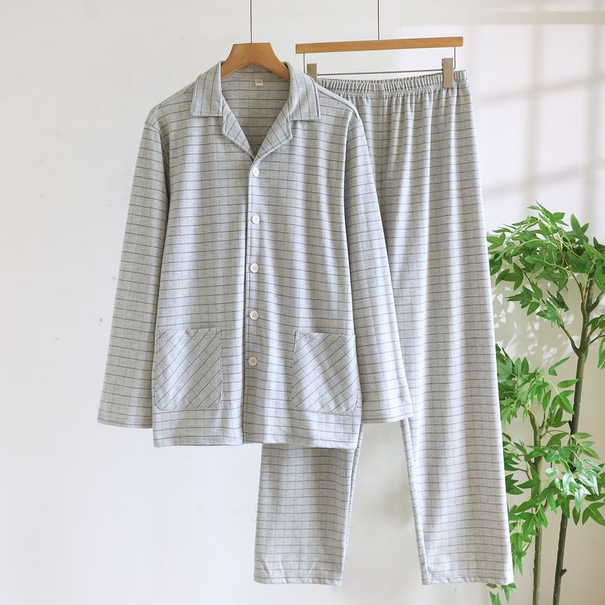 Couple Matching Pajama Set: Long-Sleeve Lapel Collar Plaid Button-Up Top + Pants (Various Designs)