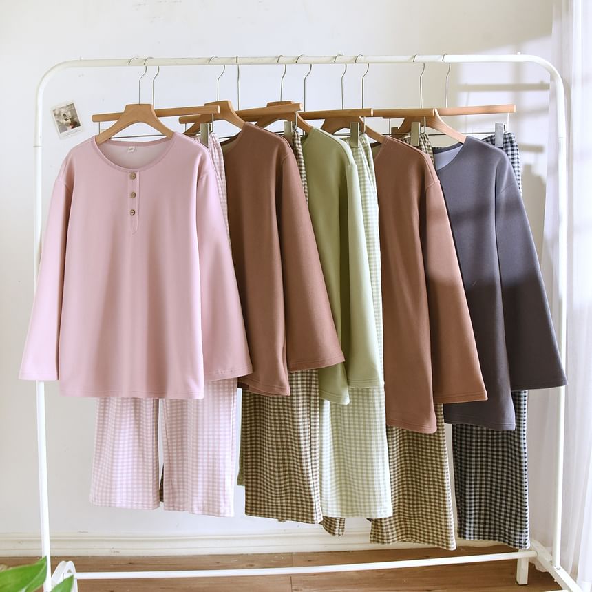 Couple Matching Pajama Set: Long-Sleeve Crew Neck Plain Top + Gingham Pants (Various Designs)