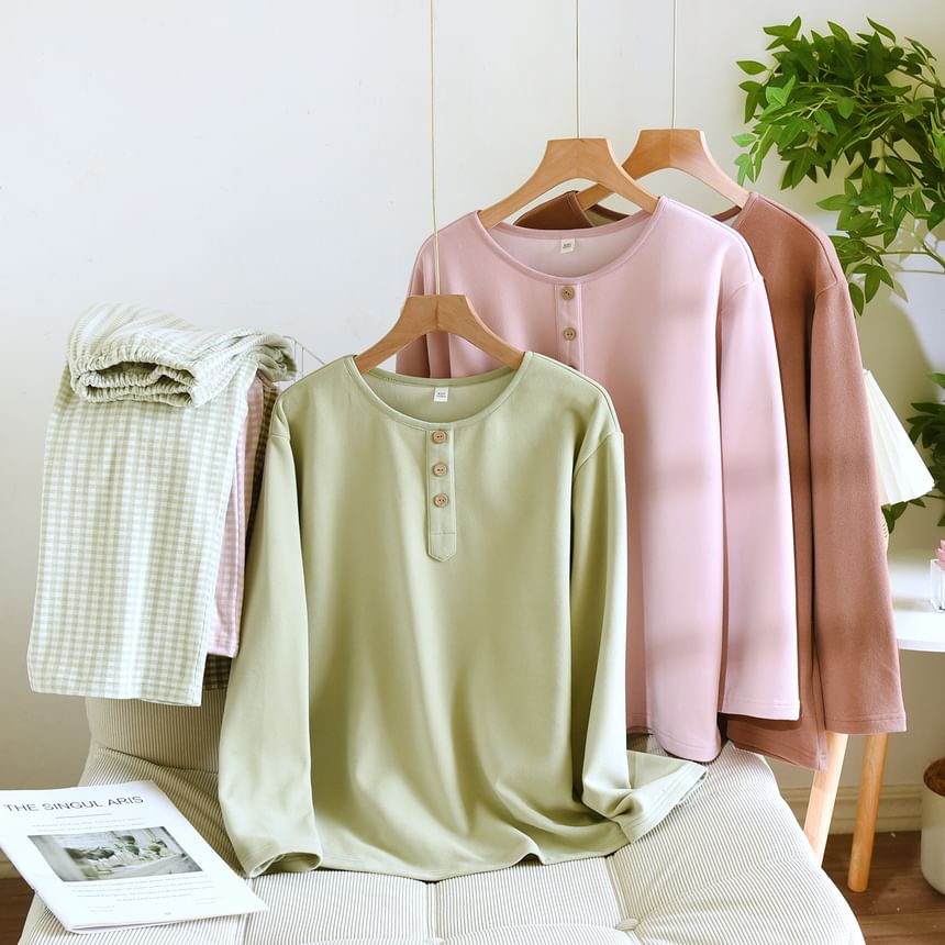 Couple Matching Pajama Set: Long-Sleeve Crew Neck Plain Top + Gingham Pants (Various Designs)