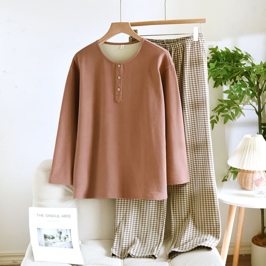 Couple Matching Pajama Set: Long-Sleeve Crew Neck Plain Top + Gingham Pants (Various Designs)