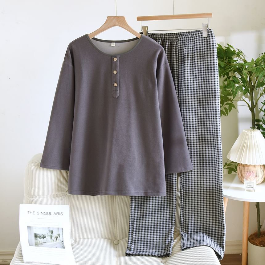 Couple Matching Pajama Set: Long-Sleeve Crew Neck Plain Top + Gingham Pants (Various Designs)