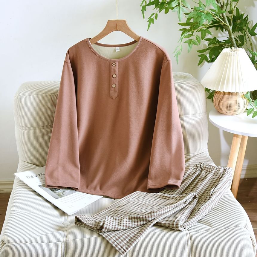 Couple Matching Pajama Set: Long-Sleeve Crew Neck Plain Top + Gingham Pants (Various Designs)