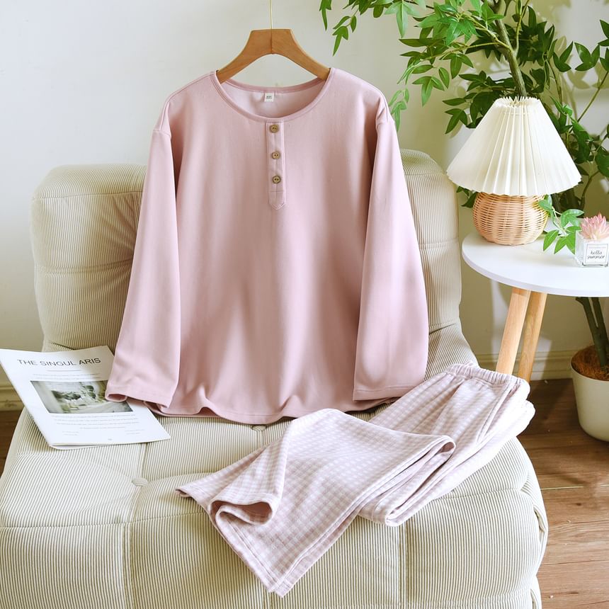 Couple Matching Pajama Set: Long-Sleeve Crew Neck Plain Top + Gingham Pants (Various Designs)