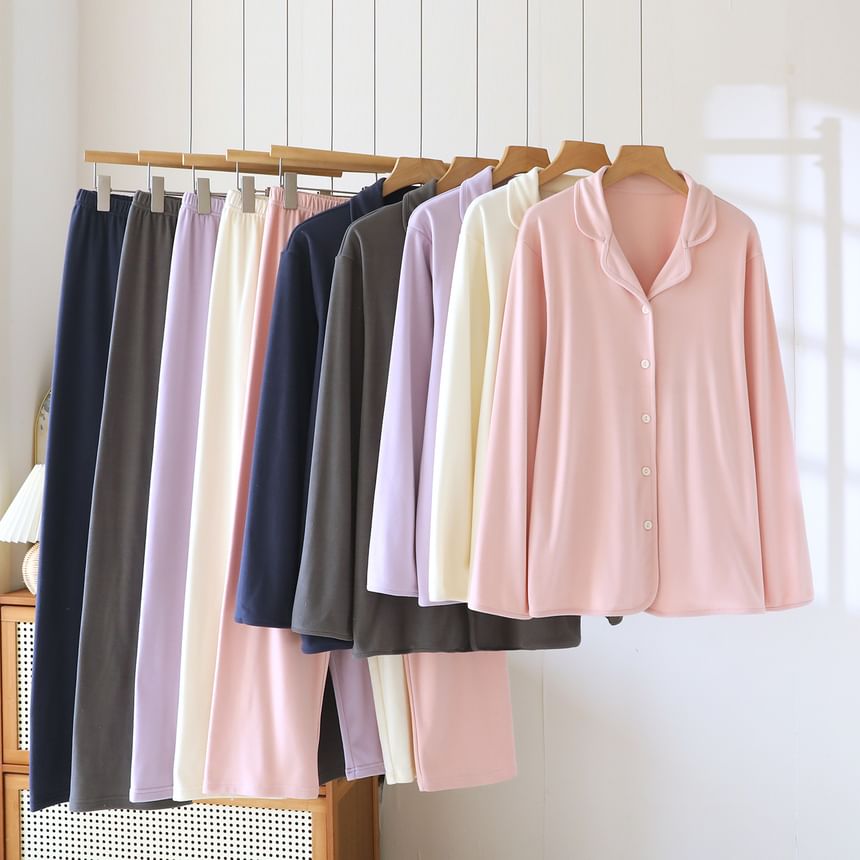 Couple Matching Pajama Set: Long-Sleeve Lapel Collar Button-Up Plain Top + Pants (Various Designs)