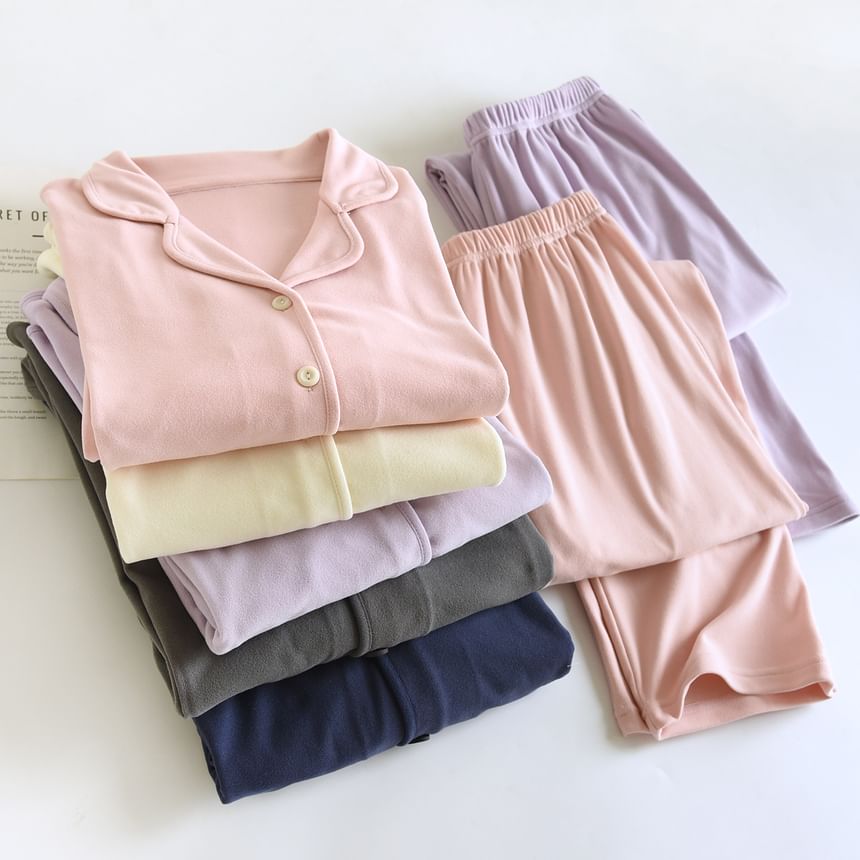 Couple Matching Pajama Set: Long-Sleeve Lapel Collar Button-Up Plain Top + Pants (Various Designs)