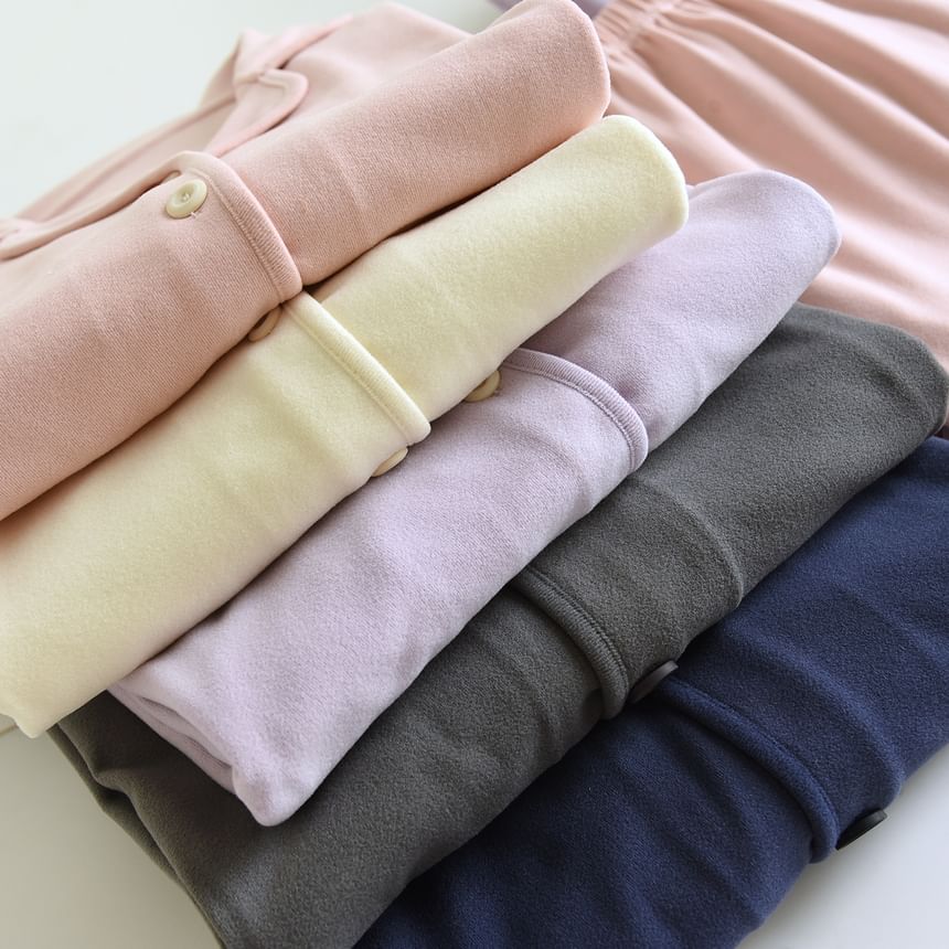 Couple Matching Pajama Set: Long-Sleeve Lapel Collar Button-Up Plain Top + Pants (Various Designs)