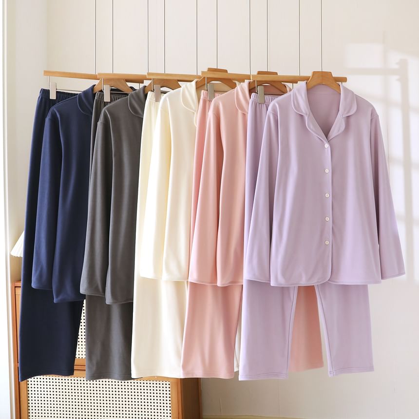 Couple Matching Pajama Set: Long-Sleeve Lapel Collar Button-Up Plain Top + Pants (Various Designs)